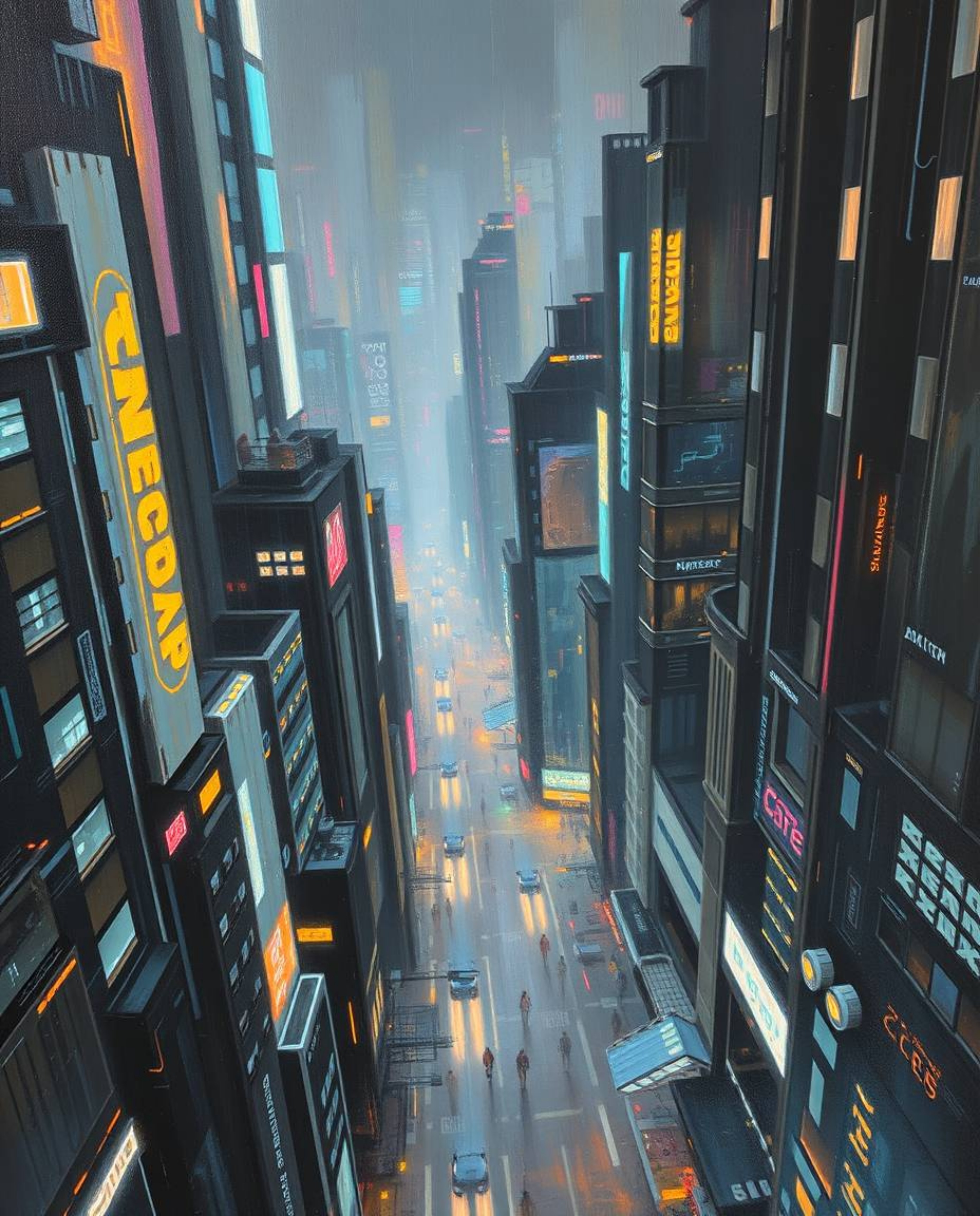A captivating high-angle oil painting depicts a futuristic city in a state of glitch. Flickering lights, broken holograms, an