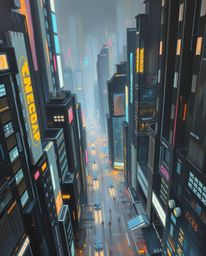 A captivating high-angle oil painting depicts a futuristic city in a state of glitch. Flickering lights, broken holograms, an