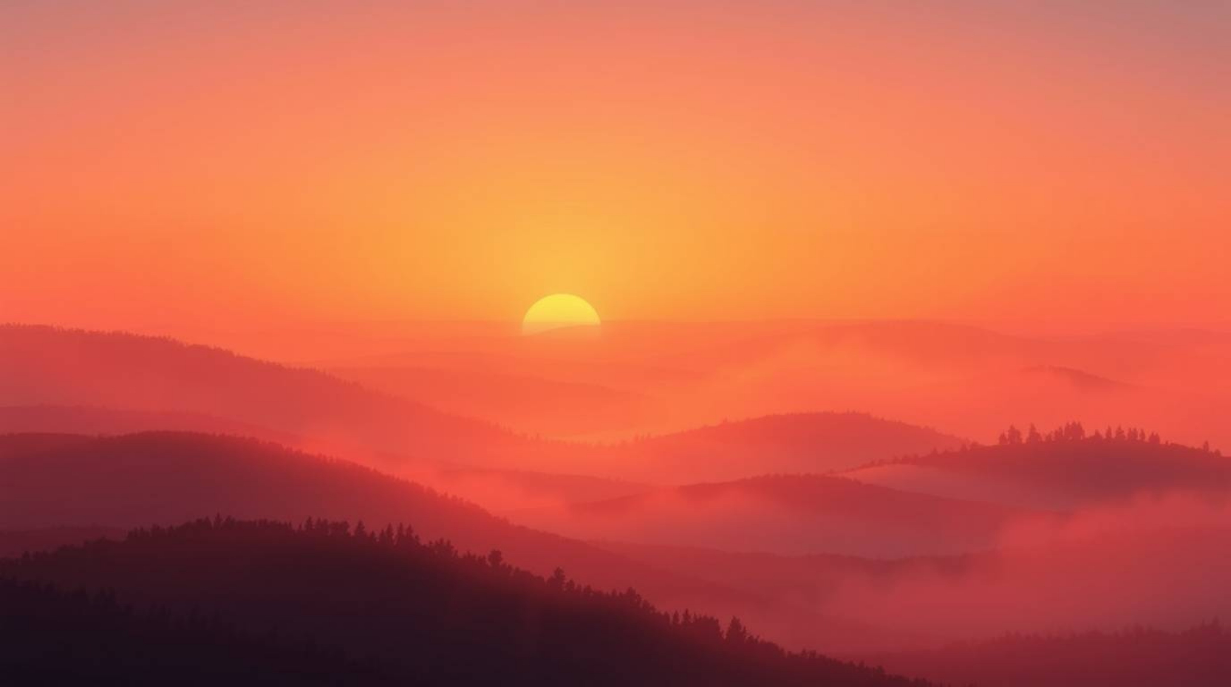 Experience the beauty of a cinematic illustration featuring fog-covered hills bathed in the warm, soft haze of sunset light. 