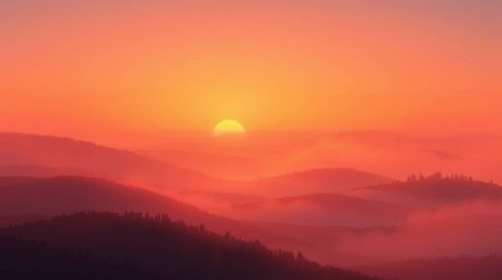 Experience the beauty of a cinematic illustration featuring fog-covered hills bathed in the warm, soft haze of sunset light. 