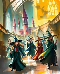 Discover a captivating digital sketch of a magical school brimming with elegant young wizards. Rendered with loose, painterl