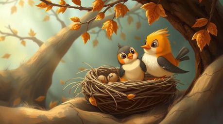 A dreamlike, surreal digital painting showcases two cartoon birds constructing a nest. Rendered in a classic animation style