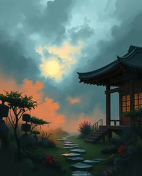 Intense, dramatic weather; digital sketch of a misty, atmospheric Zen garden at sunset, rough, painterly strokes, complementa