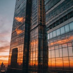A stunning image capturing a glass skyscraper mirroring the vibrant hues of the sunset. Below, a bustling city street teems w