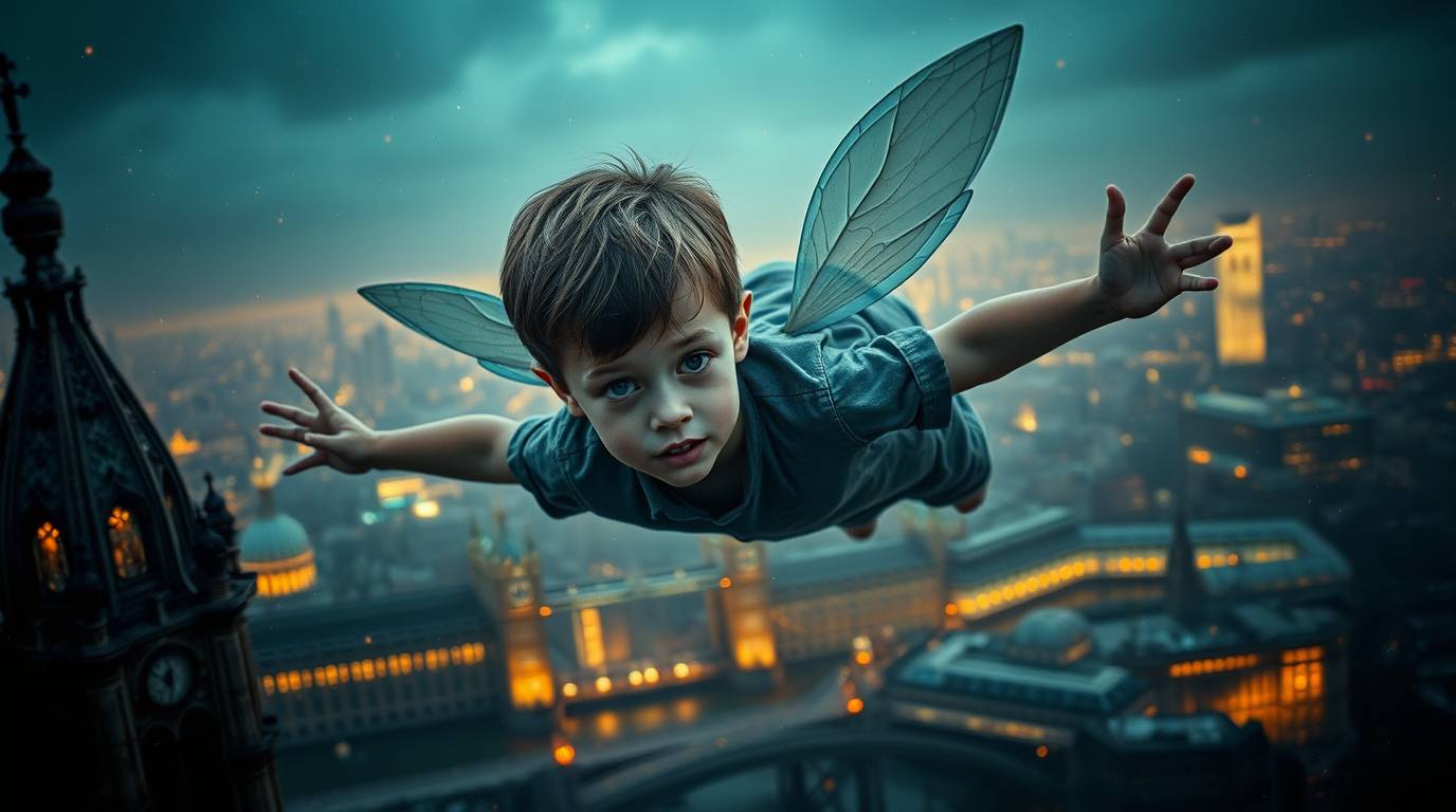 A young boy with fair skin soars above the London skyline, his flight powered by shimmering pixie dust.  The scene is rendere