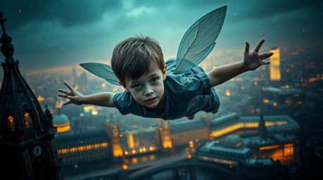 A young boy with fair skin soars above the London skyline, his flight powered by shimmering pixie dust. The scene is rendere