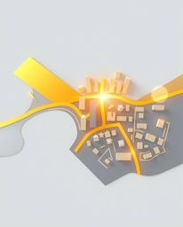 A modern, flat design abstract city map featuring geometric shapes in a top-down perspective.  The simple, two-dimensional sh