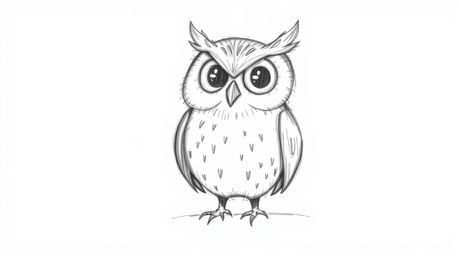 A whimsical, hand-drawn sketch in the style of Pixar depicts a blind owl with large, expressive eyes teaching a flock of bird