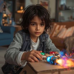 Exquisite high-fashion photography captures a curious boy with bright eyes and smooth brown skin, building an intricately des