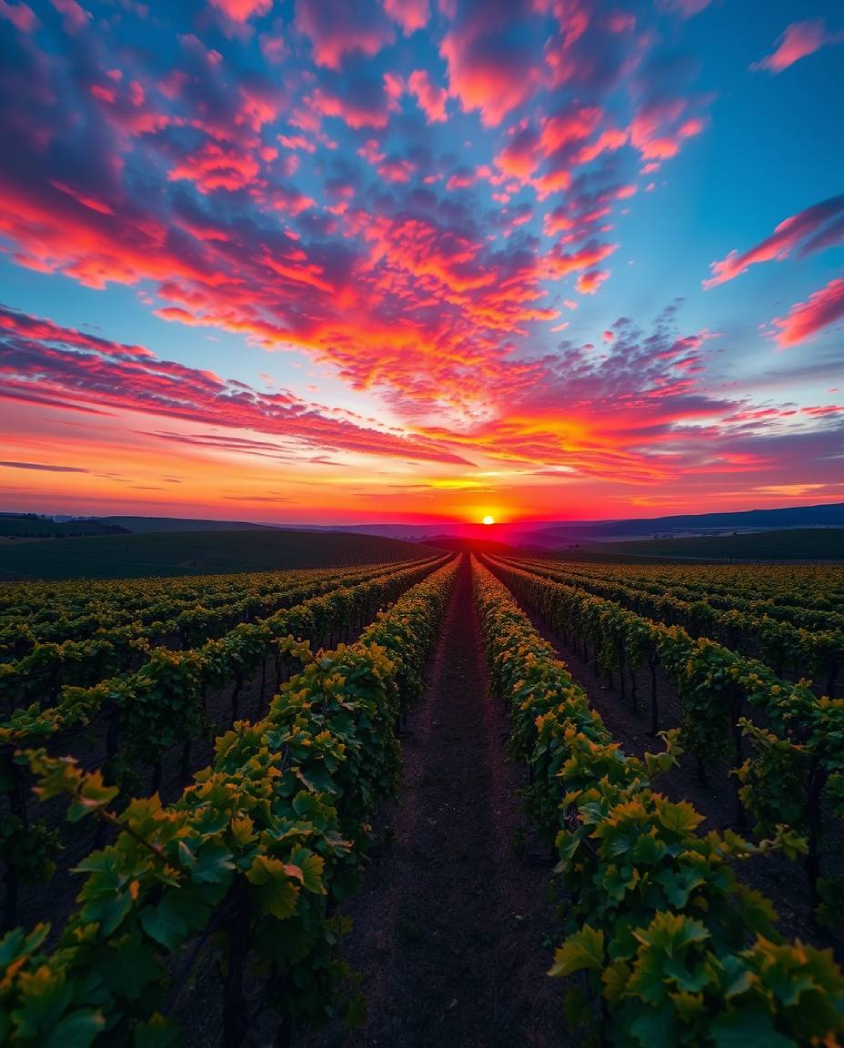This image captures a stunning sunset over a vineyard from a dramatic high-angle perspective. The aerial view emphasizes the 