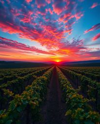 This image captures a stunning sunset over a vineyard from a dramatic high-angle perspective. The aerial view emphasizes the 