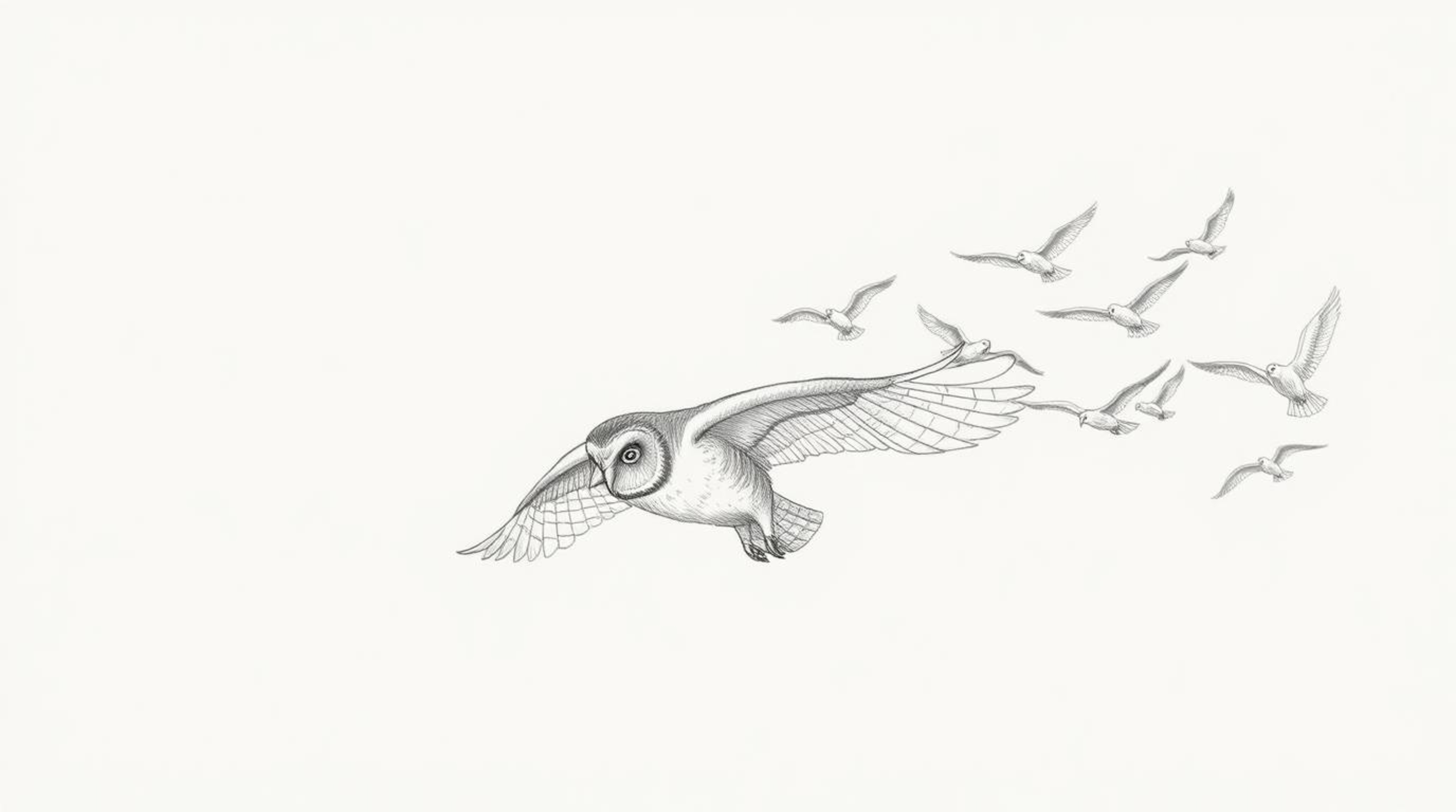 A captivating pencil sketch in the style of Pixar depicts a blind owl, its textured plumage beautifully rendered, leading a f