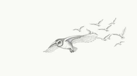 A captivating pencil sketch in the style of Pixar depicts a blind owl, its textured plumage beautifully rendered, leading a f