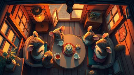 A charming overhead illustration depicts anthropomorphic mice enjoying a tea party in a cozy cottage, bathed in the warm glow