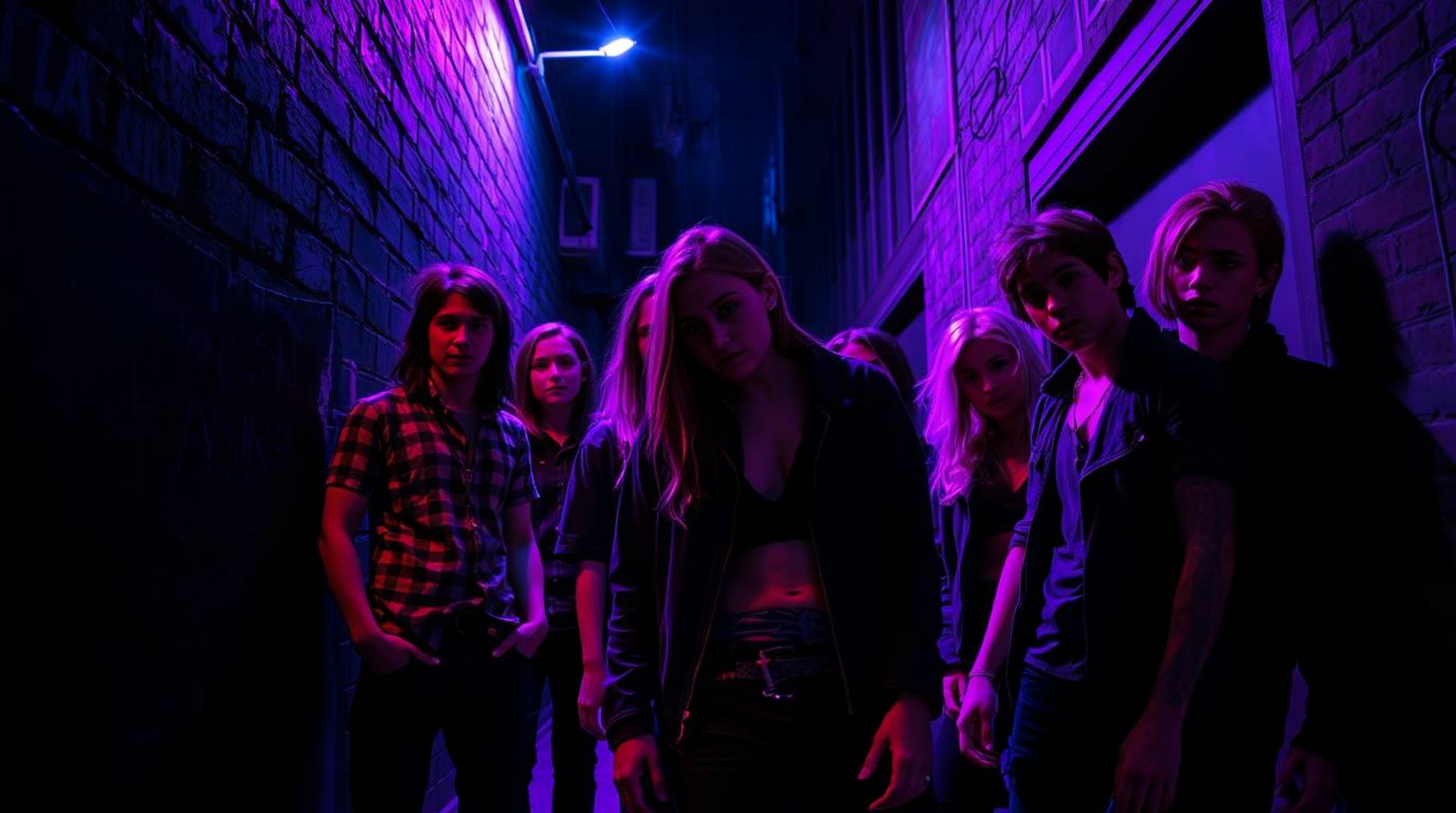 A captivating scene unfolds in a grungy city alley, where rebellious teens are immersed in intense dramatic lighting. Deep ul