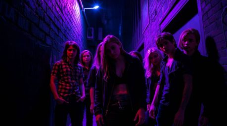 A captivating scene unfolds in a grungy city alley, where rebellious teens are immersed in intense dramatic lighting. Deep ul