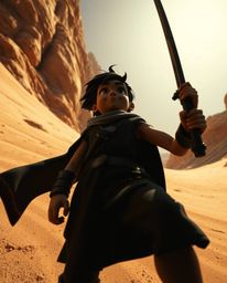 Immerse yourself in a thrilling desert adventure with a brave, Disney-style hero. This artwork, rendered in intense jet black