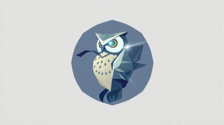 A striking geometric logo design featuring a blind owl, rendered in a Pixar-esque style, depicts the owl in the act of teachi