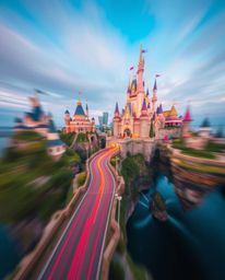 A breathtaking long exposure photograph capturing a colorful kingdom with floating islands and castles, showcasing dynamic mo