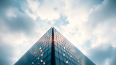 Explore the concept of ambition and infinity with this image of a modern glass building dissolving into the sky. Soft clouds 