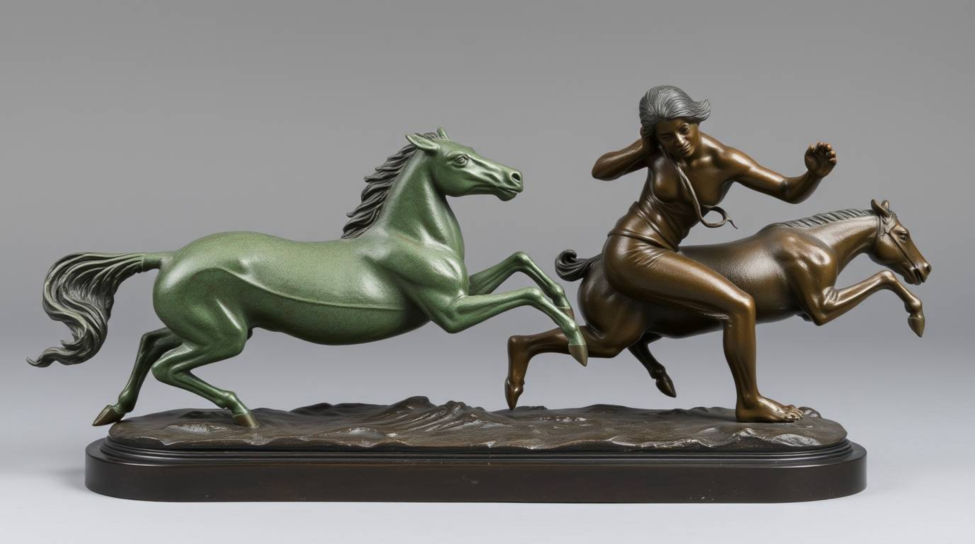 This artwork depicts a dynamic chase scene rendered in cast bronze, characterized by exaggerated squash and stretch animation