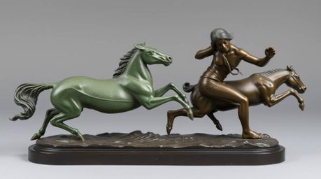 This artwork depicts a dynamic chase scene rendered in cast bronze, characterized by exaggerated squash and stretch animation