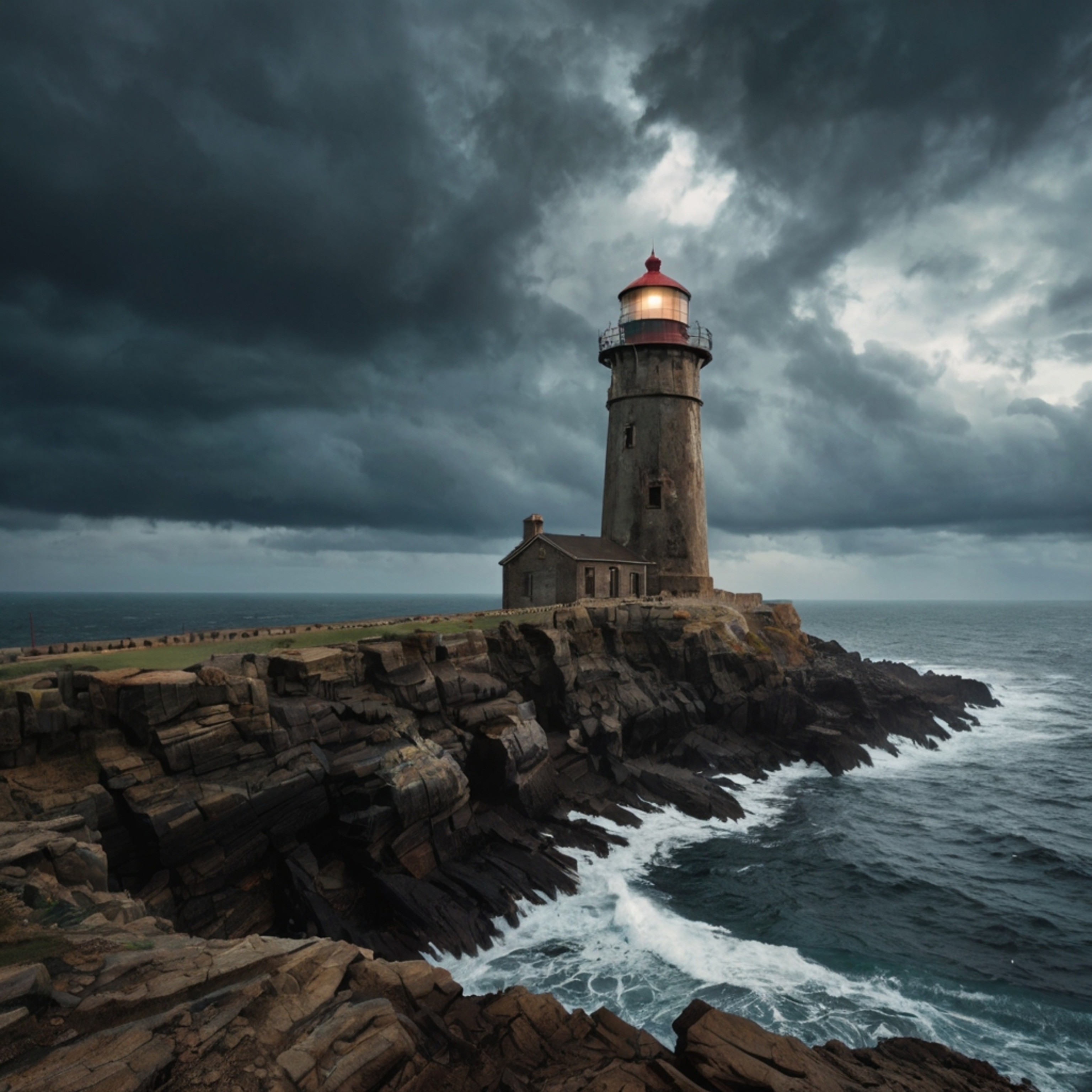 This image showcases an old, weathered lighthouse standing proudly on a rugged, rocky cliff. The lighthouse offers a stunning