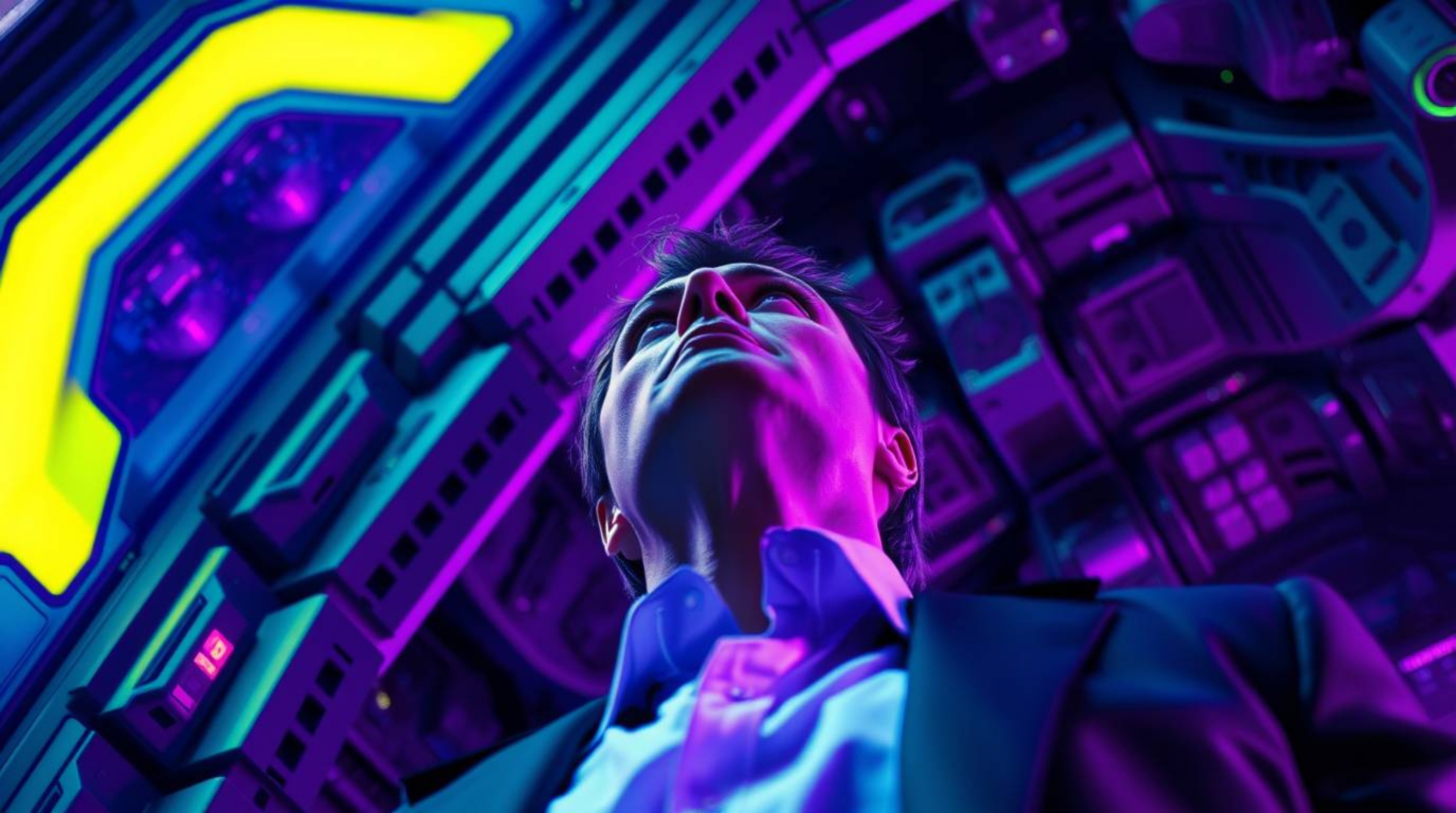 Explore a high-tech lair where a villain dramatically gazes upward in deep ultraviolet and purple hues, showcasing advanced t