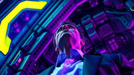 Explore a high-tech lair where a villain dramatically gazes upward in deep ultraviolet and purple hues, showcasing advanced t