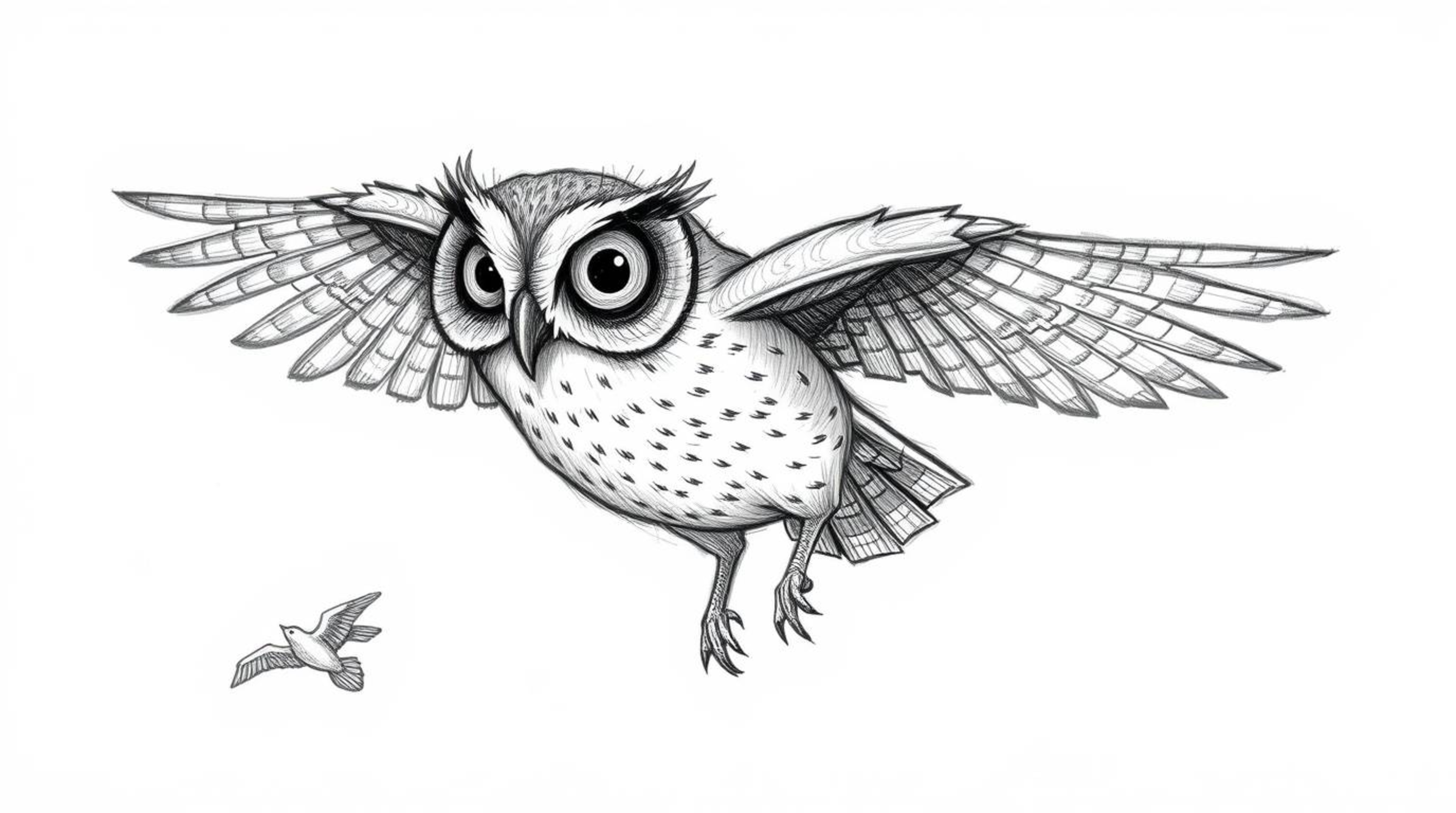 A captivating image depicting a blind owl rendered in a textured, hand-drawn pencil sketch. This remarkable owl guides birds 