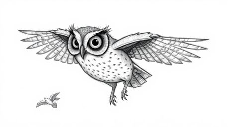 A captivating image depicting a blind owl rendered in a textured, hand-drawn pencil sketch. This remarkable owl guides birds 