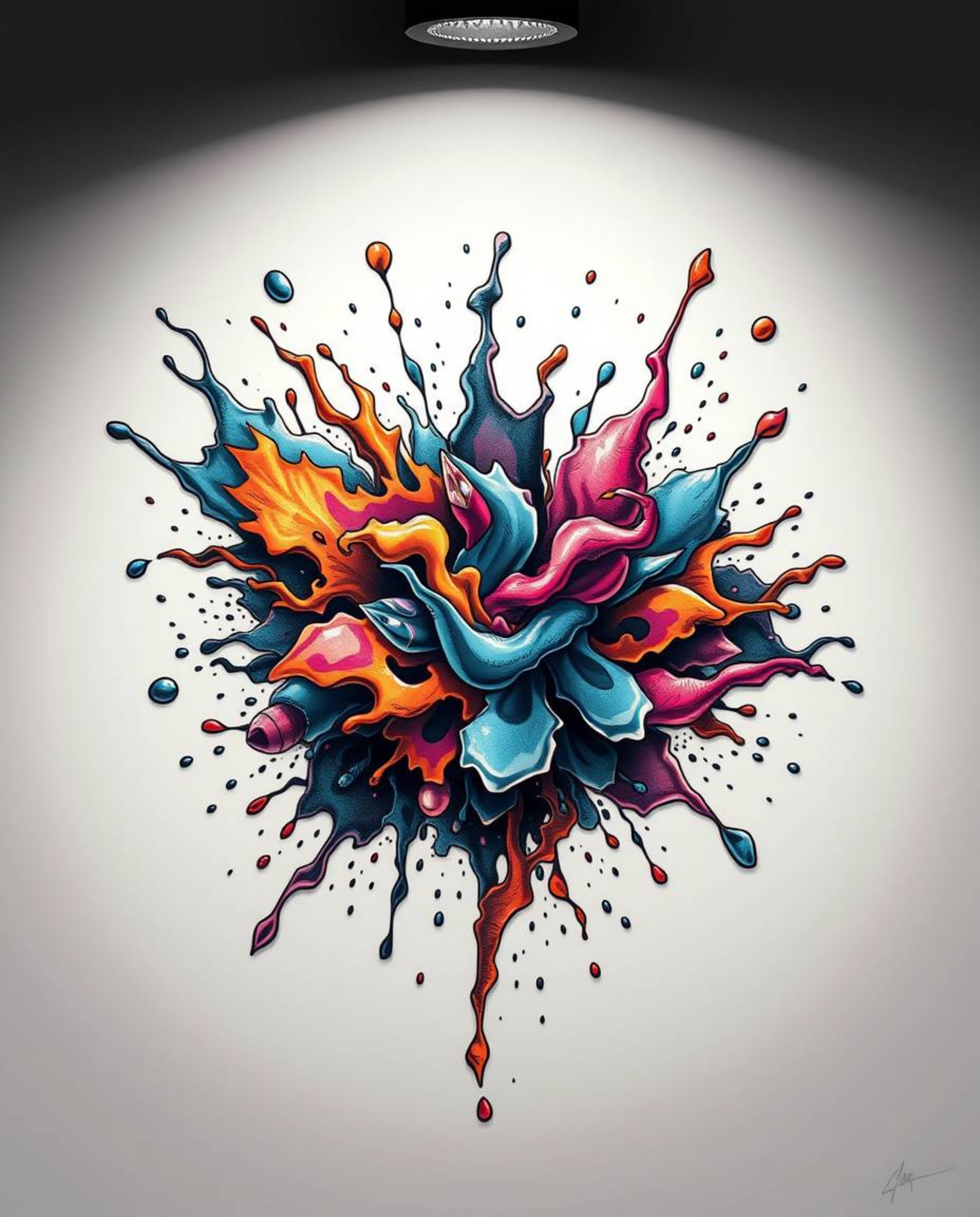 Intense dramatic lighting highlights a symbolic traditional tattoo art print.  The design features dynamic, moving abstract 3