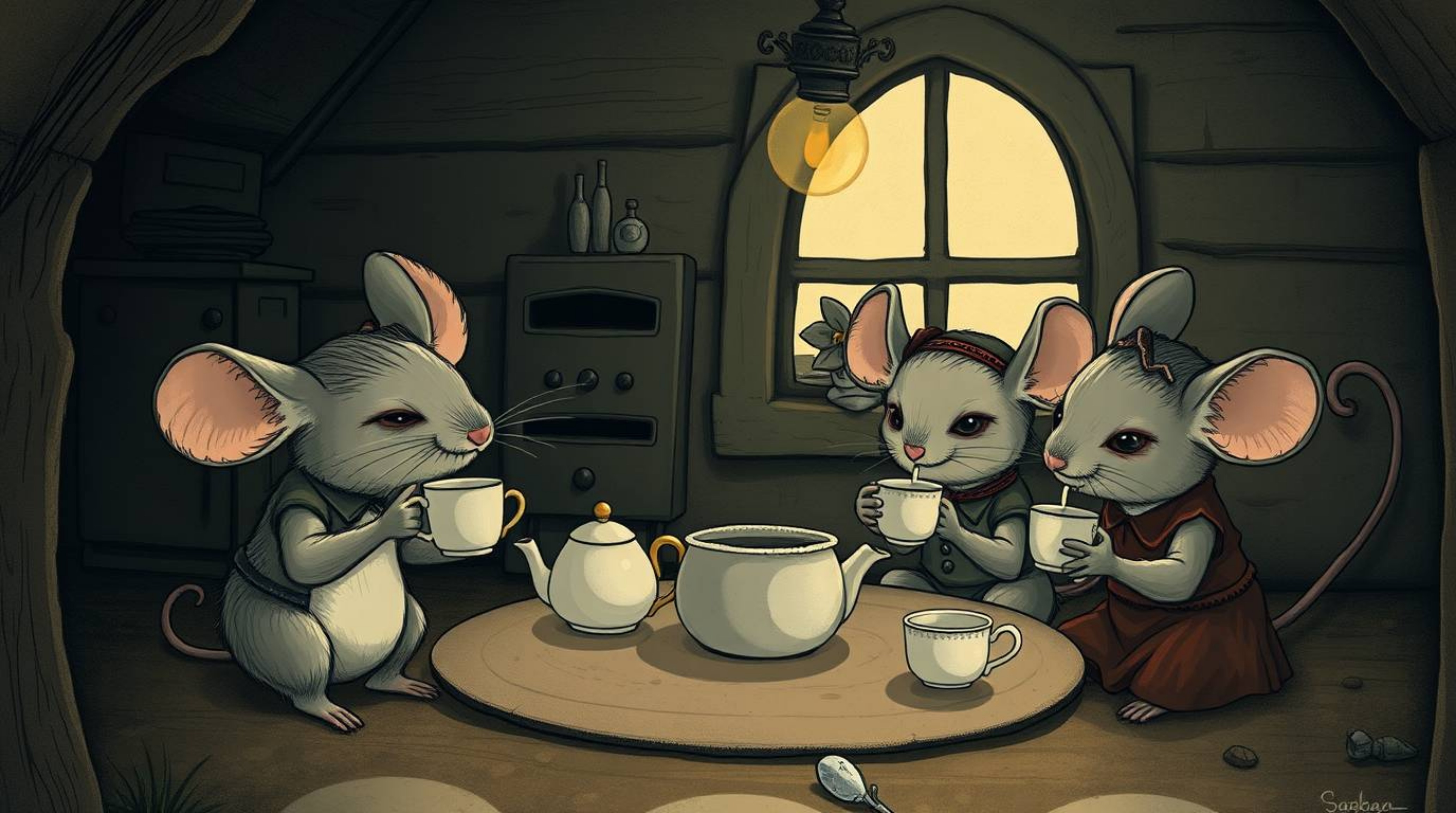 A captivating illustration depicts anthropomorphic mice enjoying a tranquil tea party within a snug and inviting cottage. The