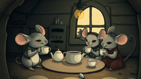 A captivating illustration depicts anthropomorphic mice enjoying a tranquil tea party within a snug and inviting cottage. The