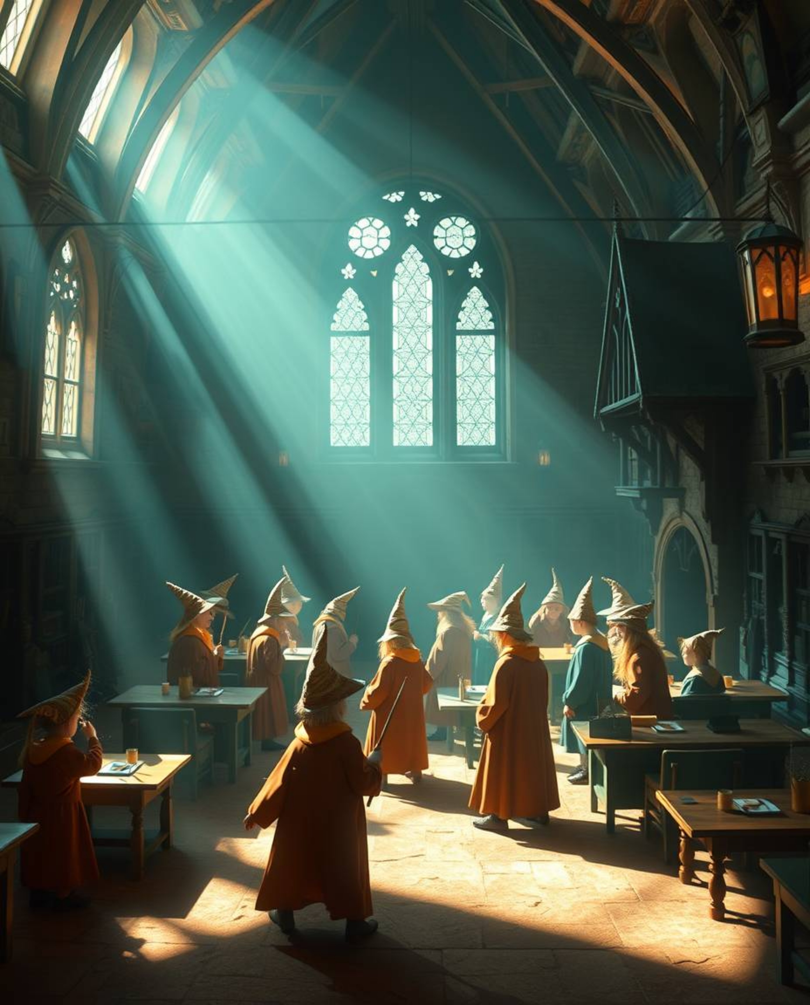 Explore a magical school brimming with young wizards, bathed in the gentle glow of soft light. Warm terracotta hues contrast 
