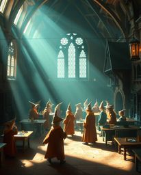 Explore a magical school brimming with young wizards, bathed in the gentle glow of soft light. Warm terracotta hues contrast 