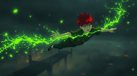 A captivating scene featuring a young boy with vibrant red hair soaring above a fog-laden London, propelled by glowing green 