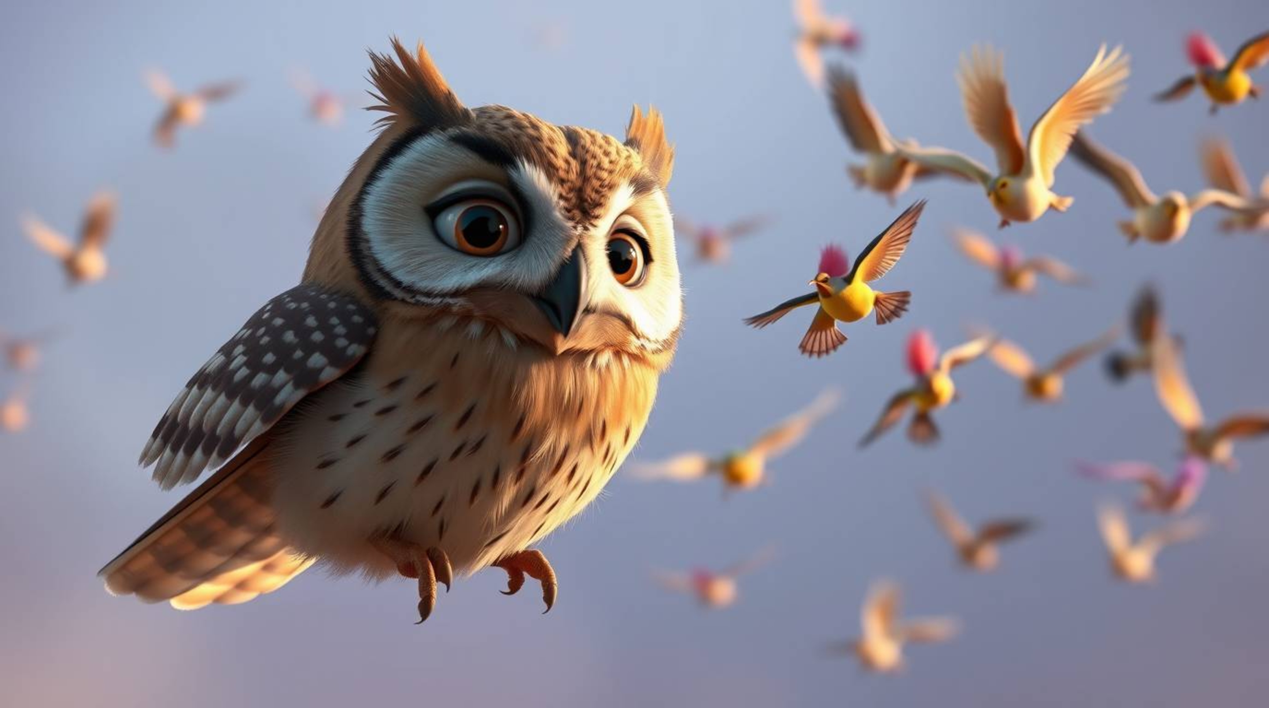 This high-resolution stock photo features a captivating scene of a blind, brown owl with soft, expressive eyes acting as a fl