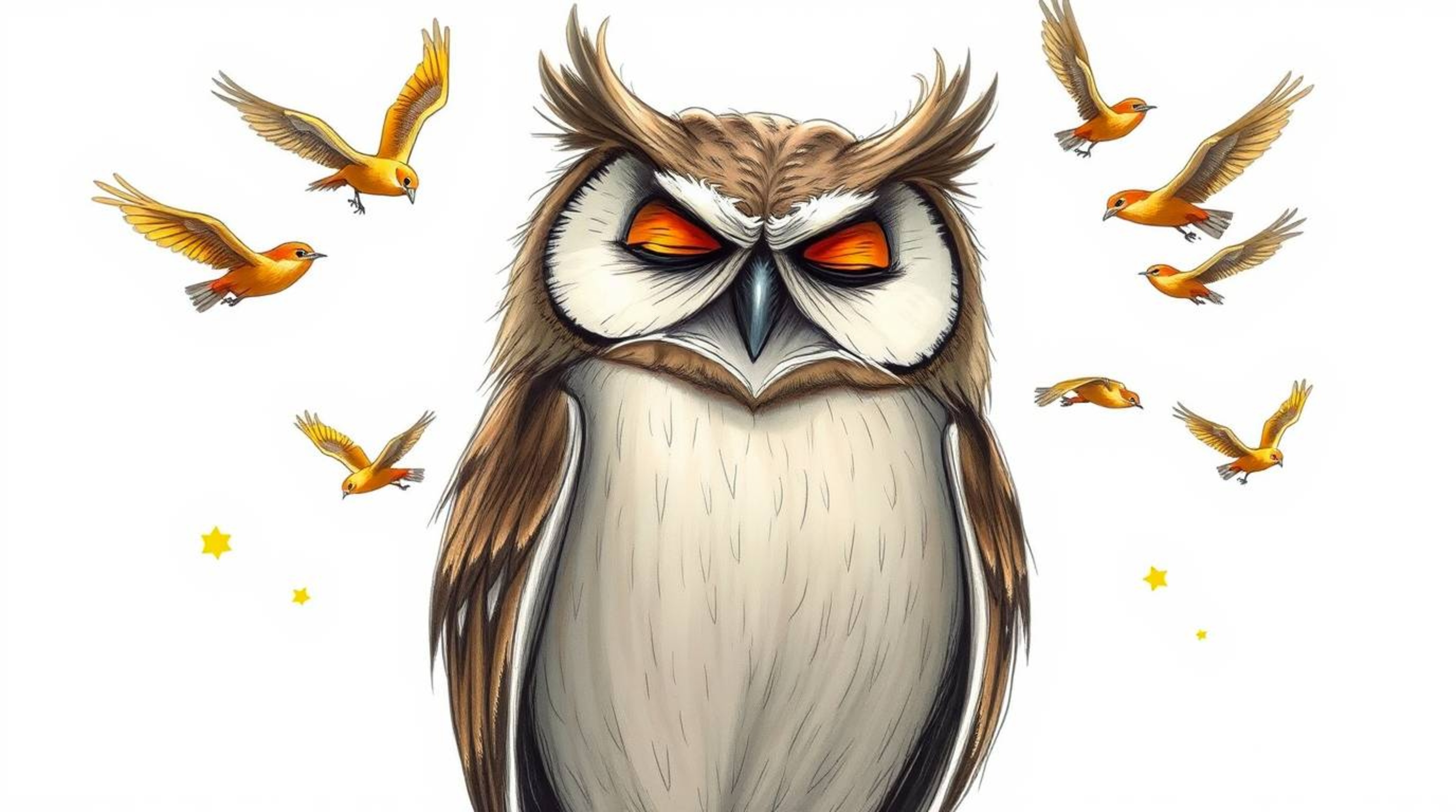 A captivating hand-drawn sketch in the style of Pixar depicts a wise, blind owl with soft, textured feathers guiding a vibran