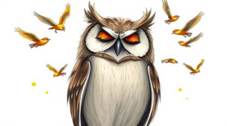 A captivating hand-drawn sketch in the style of Pixar depicts a wise, blind owl with soft, textured feathers guiding a vibran