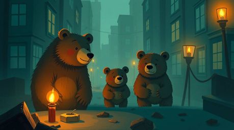 Explore a captivating depiction of a bear family embarking on an urban adventure, rendered in a harmonious blend of warm terr