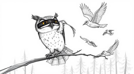 A captivating hand-drawn sketch in the style of Pixar depicts a blind owl patiently guiding a flock of birds in flight throug
