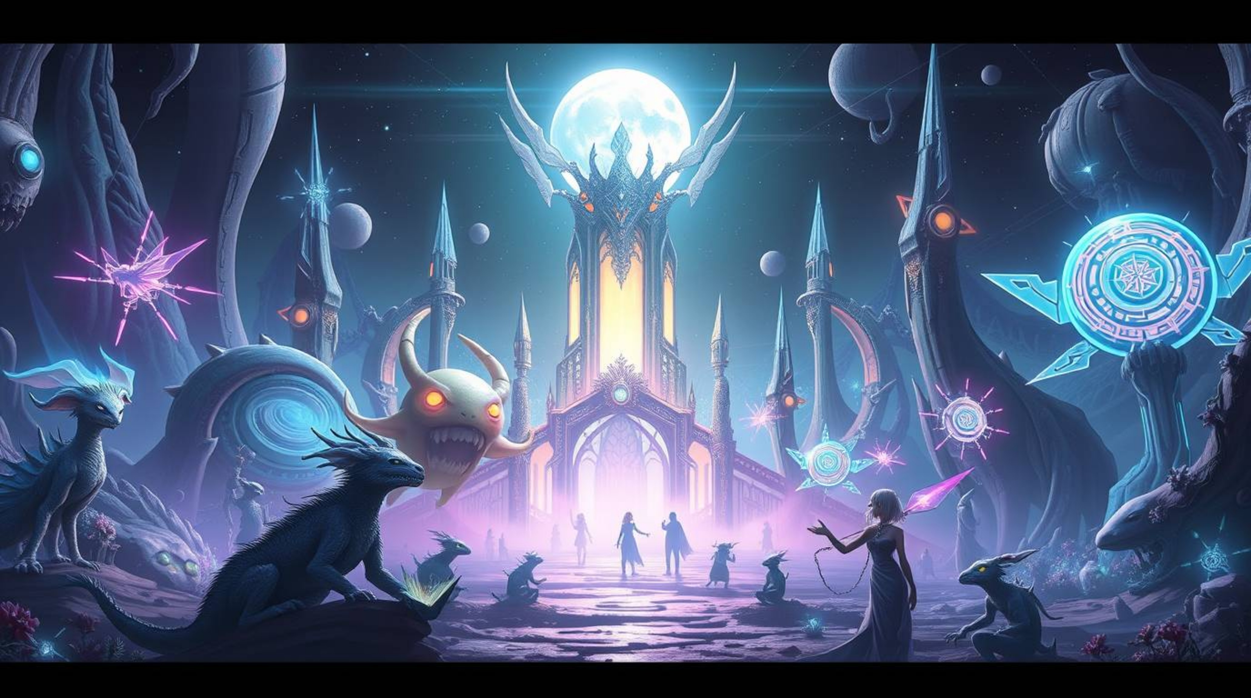 Explore a futuristic sci-fi fantasy kingdom brimming with quirky magical creatures, emanating a light aura and mystical feeli