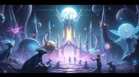 Explore a futuristic sci-fi fantasy kingdom brimming with quirky magical creatures, emanating a light aura and mystical feeli