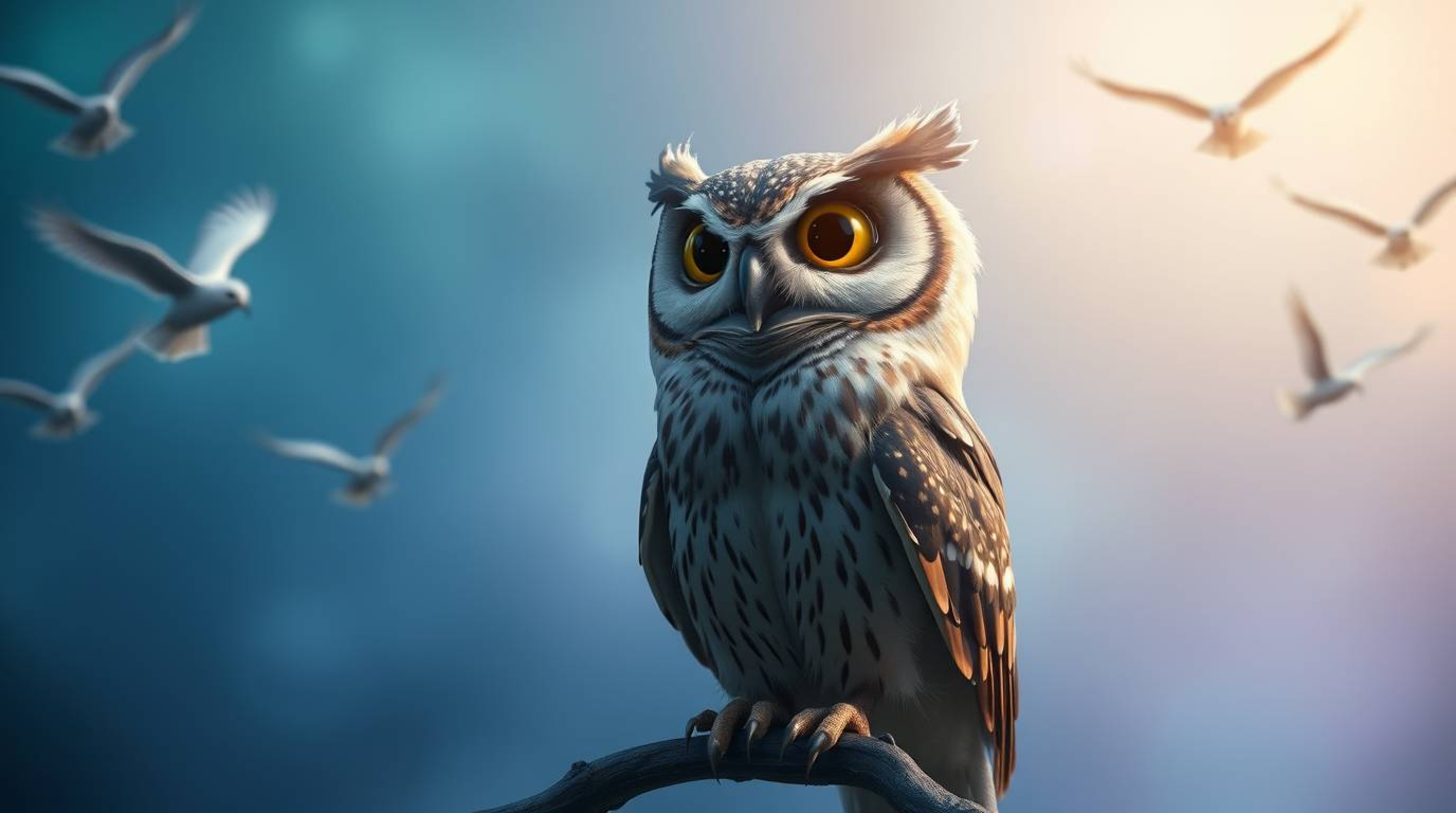 A long-exposure photograph depicts a blind owl, rendered in a charming Pixar style, with a proud expression as it overlooks i