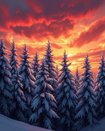 A digital painting captures a scene of high tension as sunset light sparkles on snowy pine trees under stormy skies. The artw