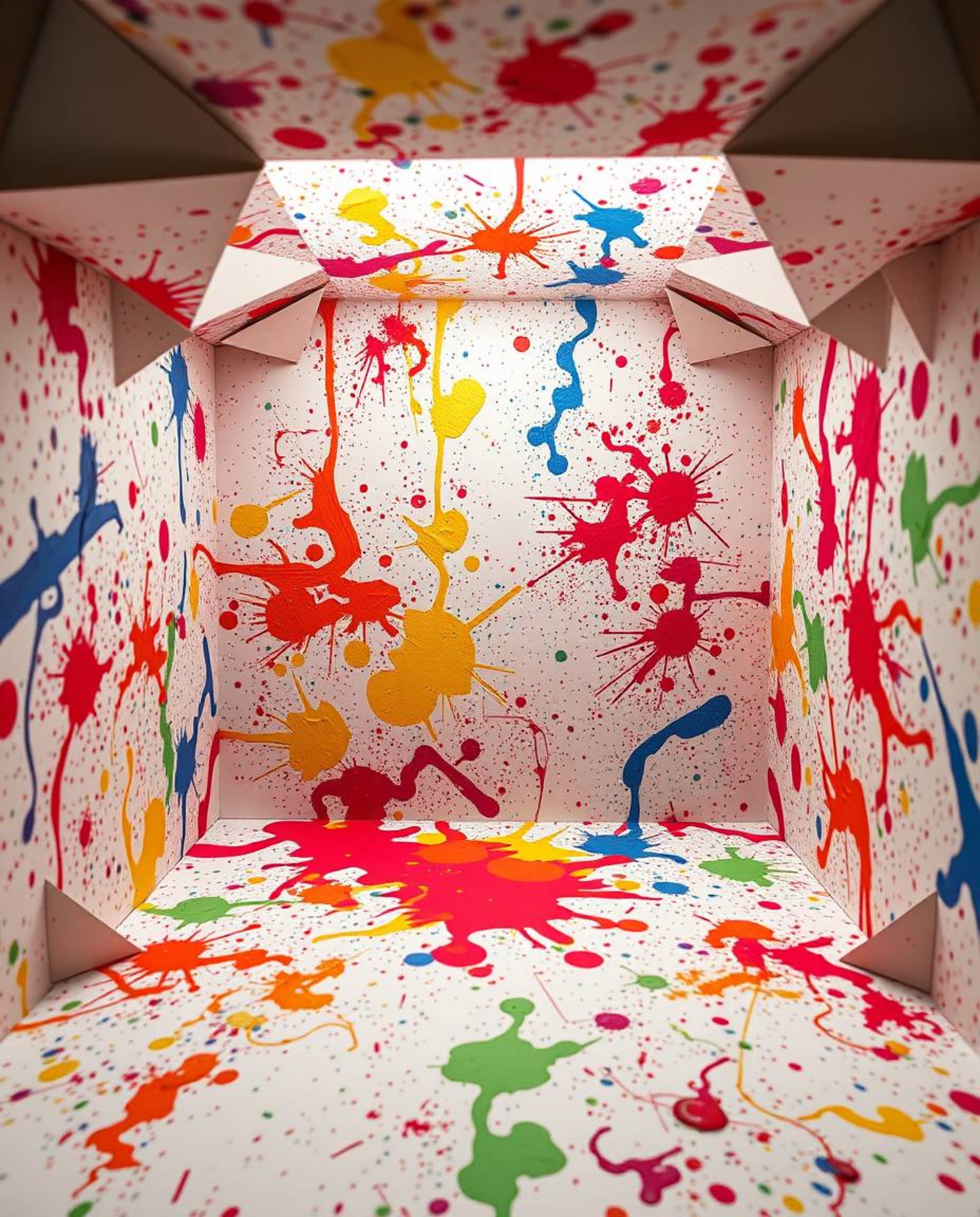 Experience a visual explosion of color and form with this intricate origami-style depiction of a room engulfed in paint. Capt