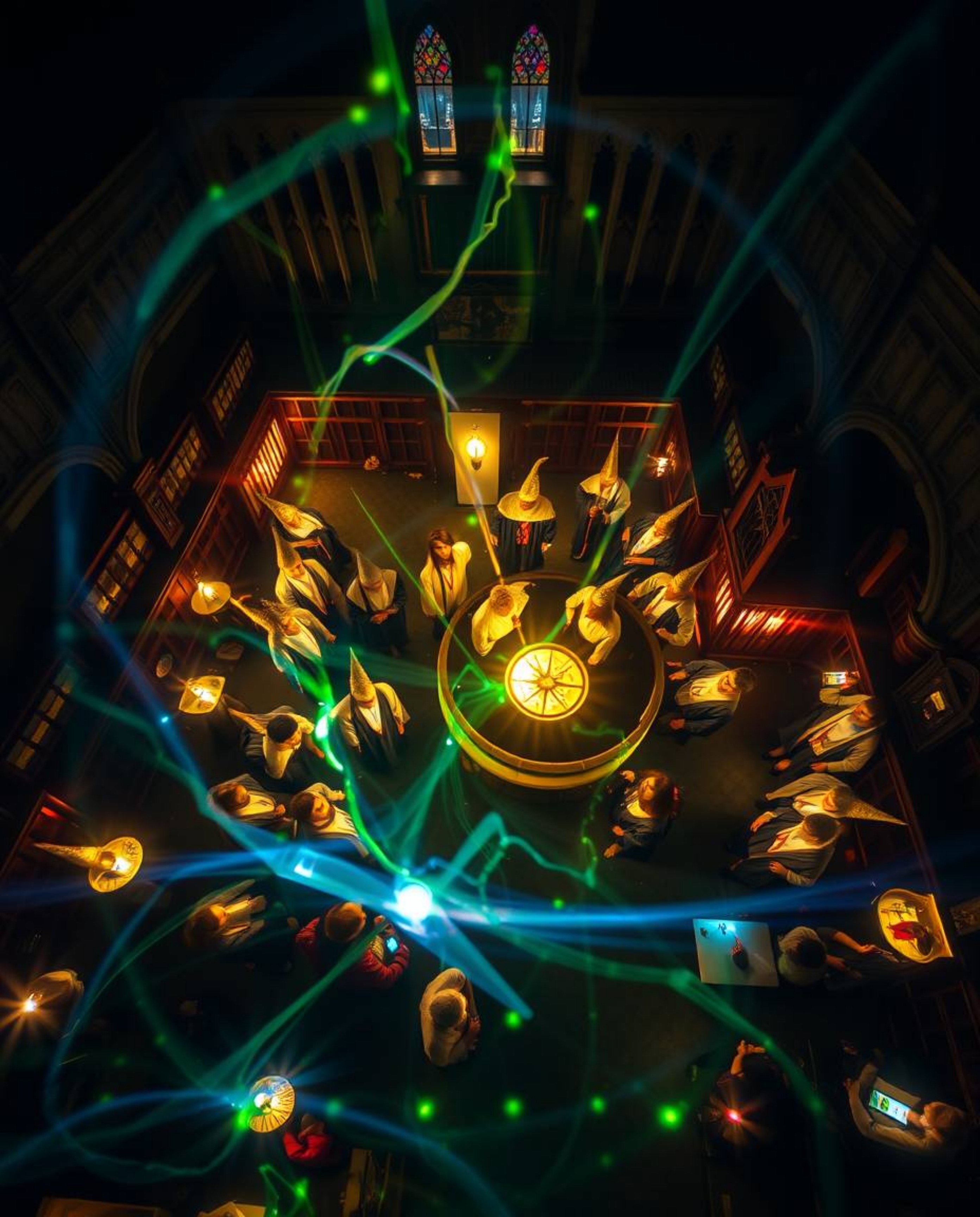 A captivating light art photograph showcasing a magical school teeming with young wizards, captured from a breathtaking overh