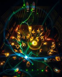 A captivating light art photograph showcasing a magical school teeming with young wizards, captured from a breathtaking overh
