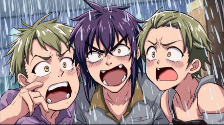 This 16:9 illustration depicts a hilarious gross-out comedy moment in an isekai setting.  The scene is set in a wet, rainy en
